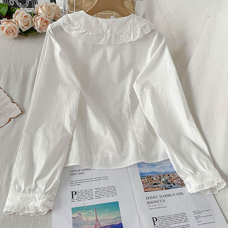 Eyelet Peter Pan Collar Button Up Shirt (White)