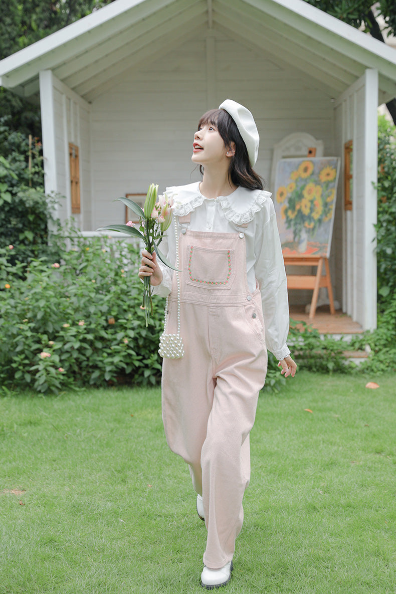 Daisy Chain Embroidered Denim Overalls (Pink)