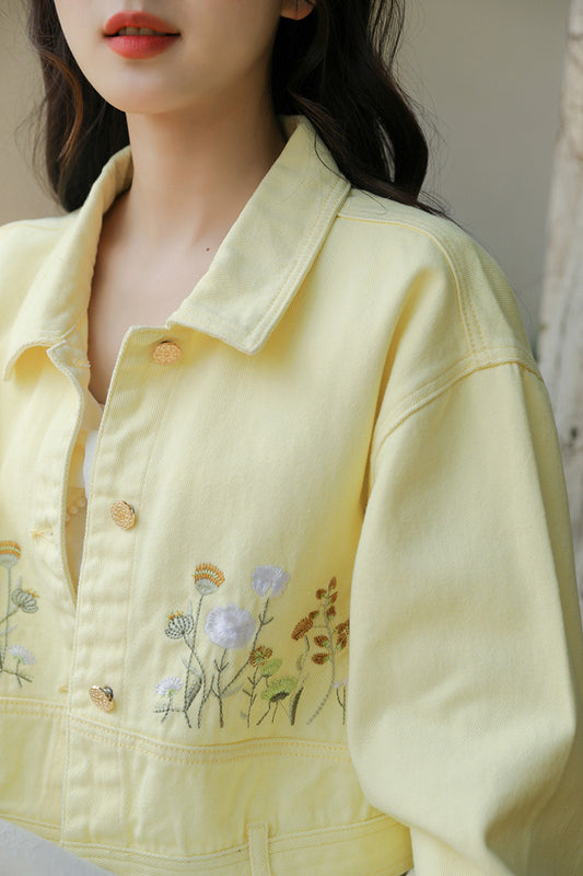 Wildflower Embroidered Cropped Jacket (Yellow)