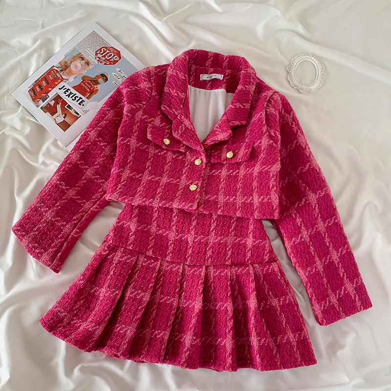 Tweed Plaid Blazer Skirt Set (Hot Pink)