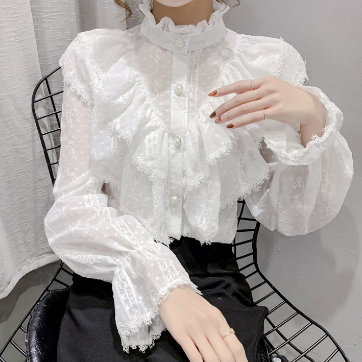 Ruffle Lace High Neck Button Up Shirt (2 Colors)