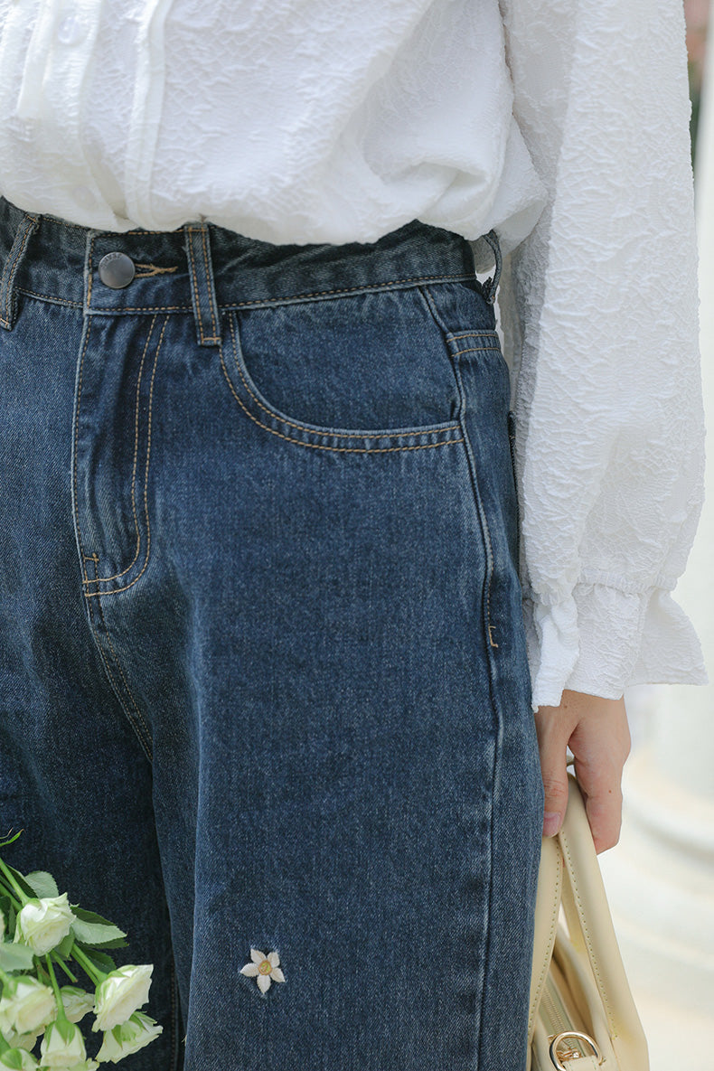 Raining Daisies Embroidered Jeans (Dark Denim)