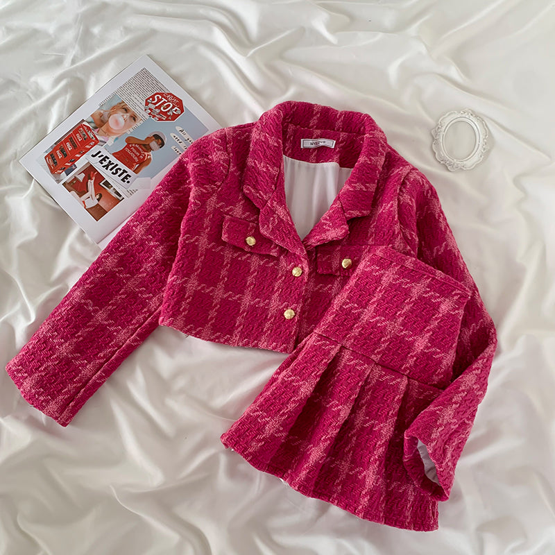 Tweed Plaid Blazer Skirt Set (Hot Pink)