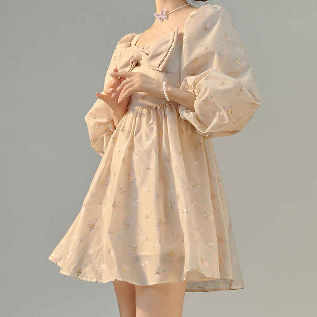 Puff Sleeve Bow Floral Jacquard Dress (Beige)