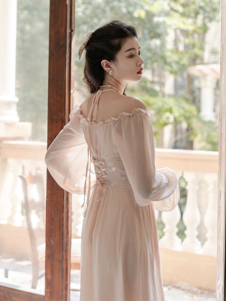 Sweet Floral Jacquard Corset Dress (Beige)