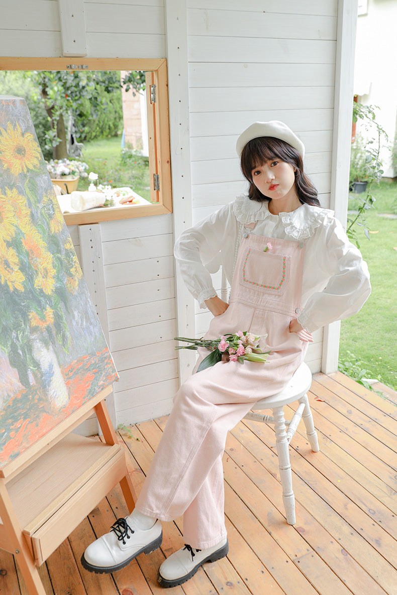 Daisy Chain Embroidered Denim Overalls (Pink)
