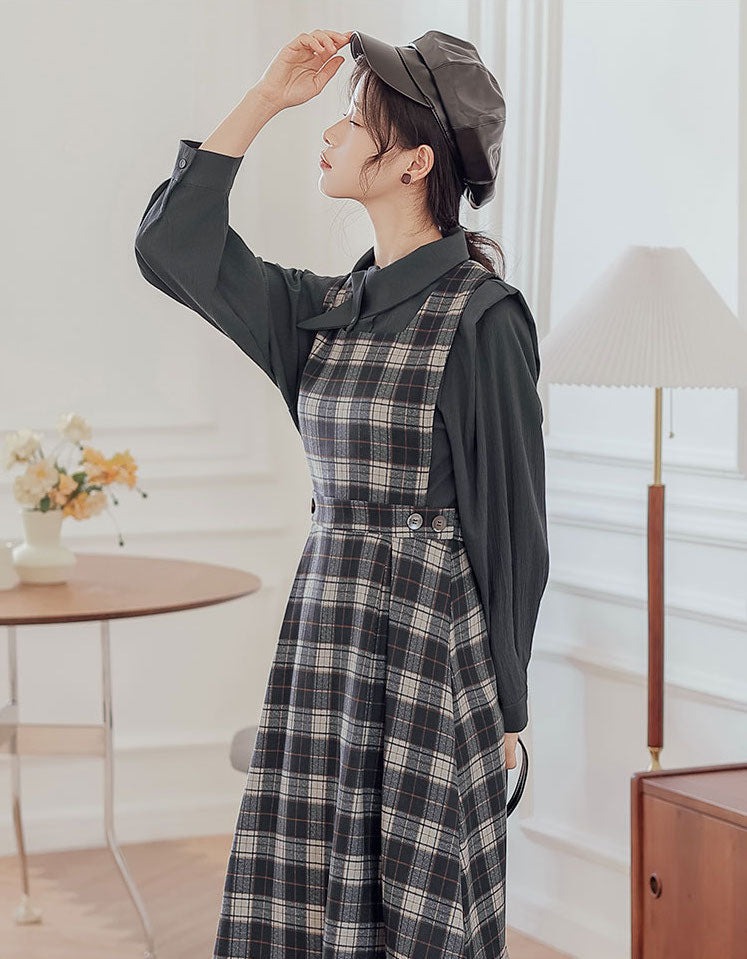 Crepe Plaid Pinafore Dress Set (2 Colors)