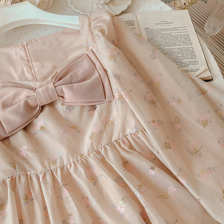 Puff Sleeve Bow Floral Jacquard Dress (Beige)