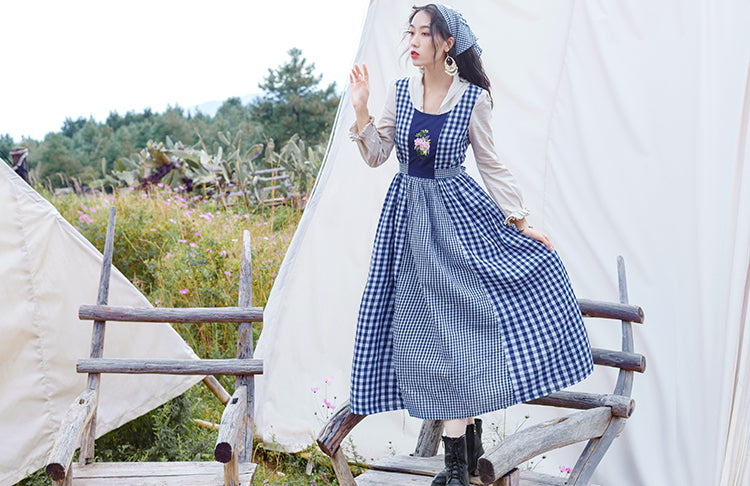 Gingham Pastures Twofer Midi Dress (Blue/White)