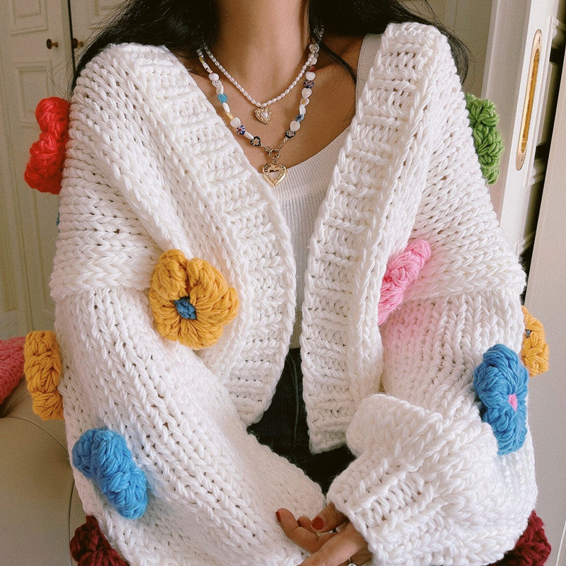 Chunky Daisy Cropped Cardigan (White/Multi)