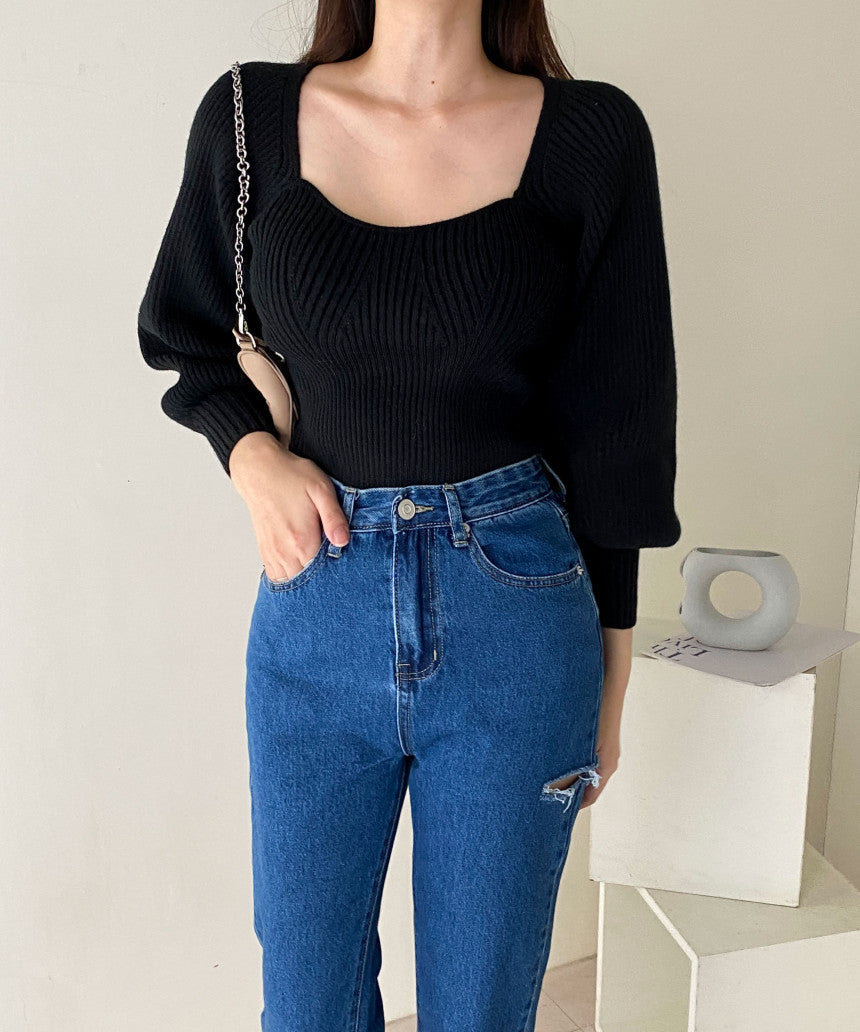 Ribbed Puff Sleeve Cropped Sweater (4 Colors)