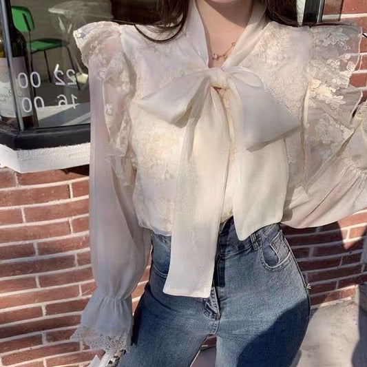 Ruffle Lace Tie Neck Blouse (Cream)