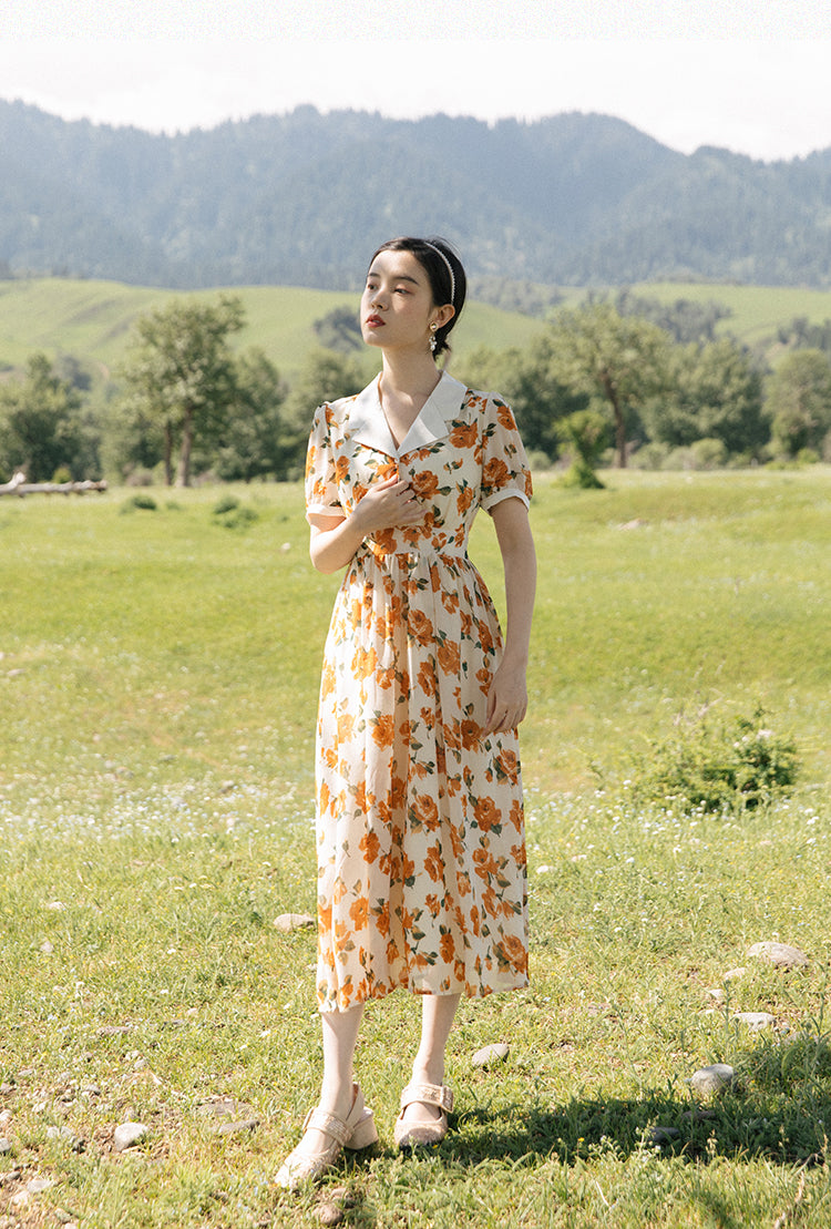 Sunset Rose Collared Midi Dress (White/Orange)