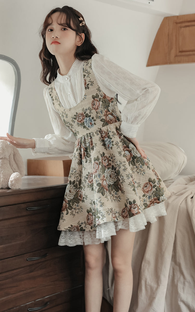Rustic Rose Babydoll Dress (Beige)