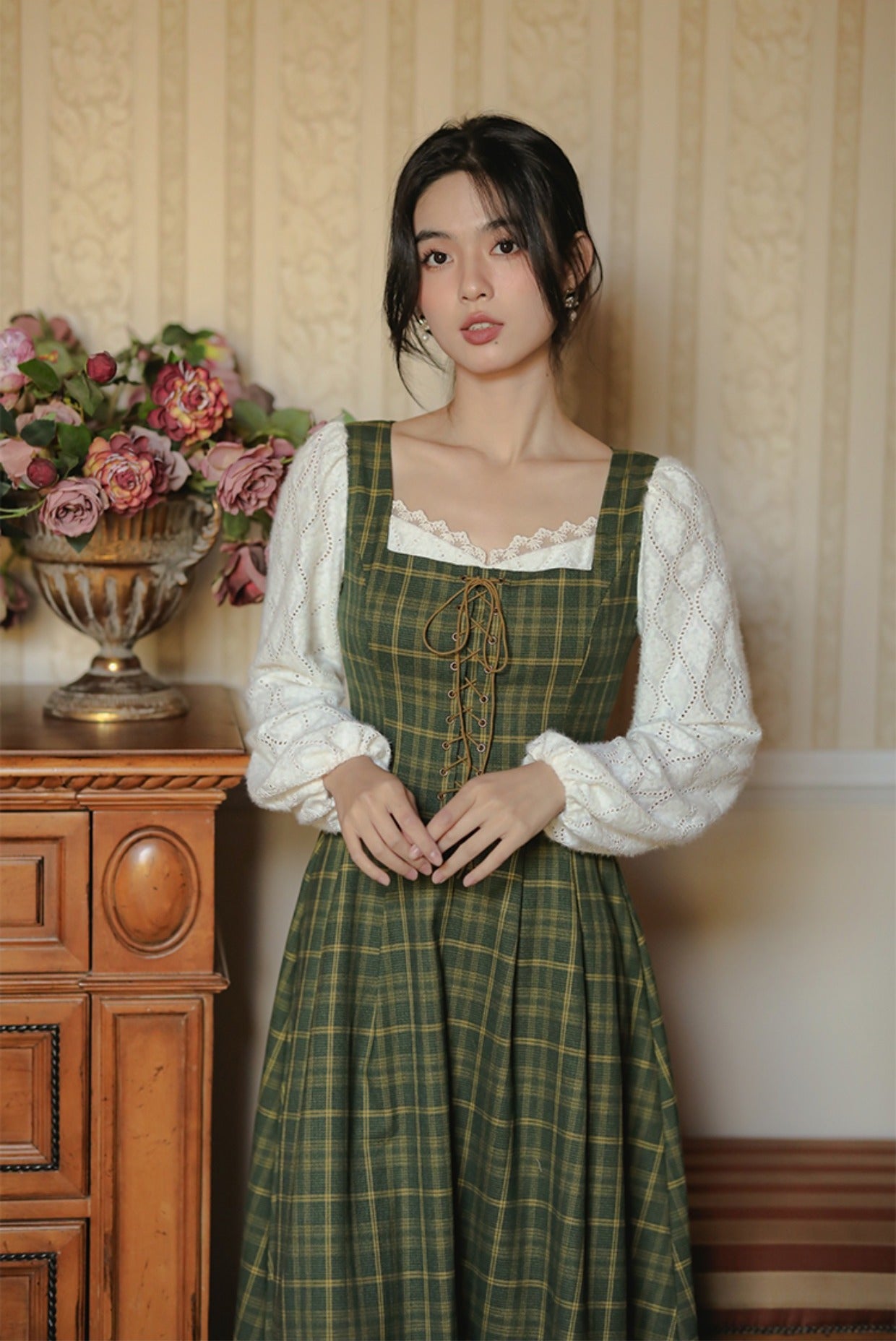Rustic Plaid Lace Up Corset Midi Dress (Green)