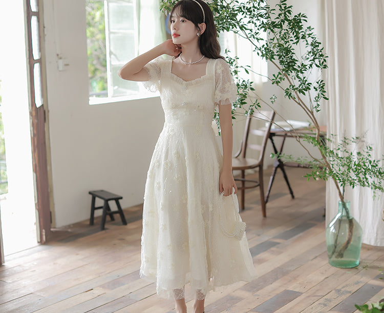 Delicate Flower Sequin Maxi Dress (White)