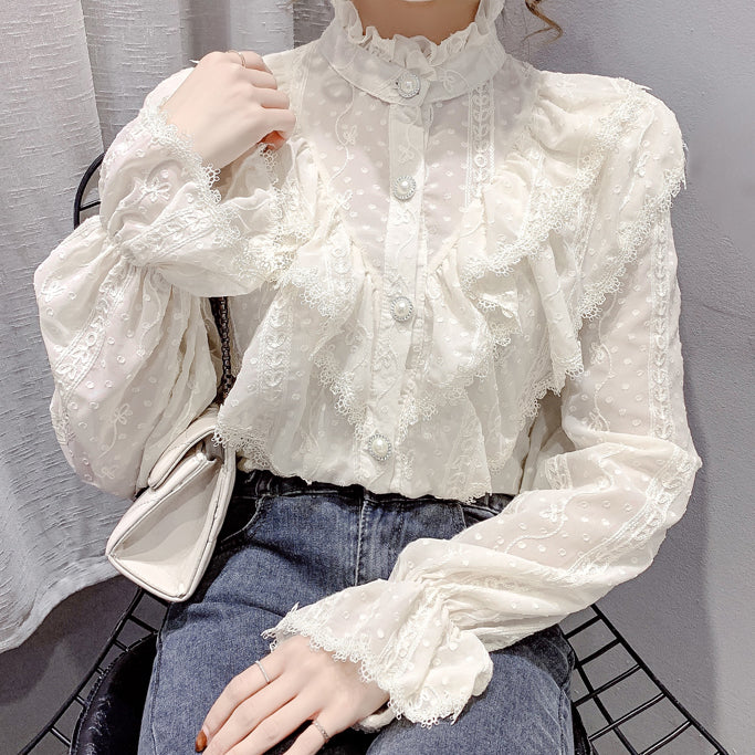 Ruffle Lace High Neck Button Up Shirt (2 Colors) – Megoosta Fashion