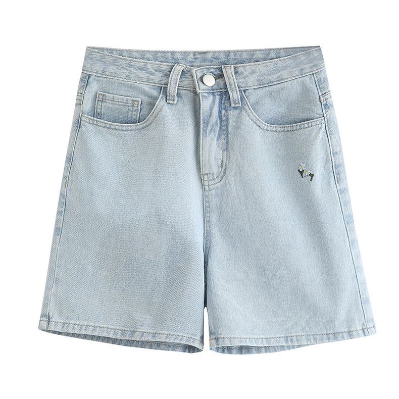 Summer Flowers Embroidered Shorts (Light Denim)