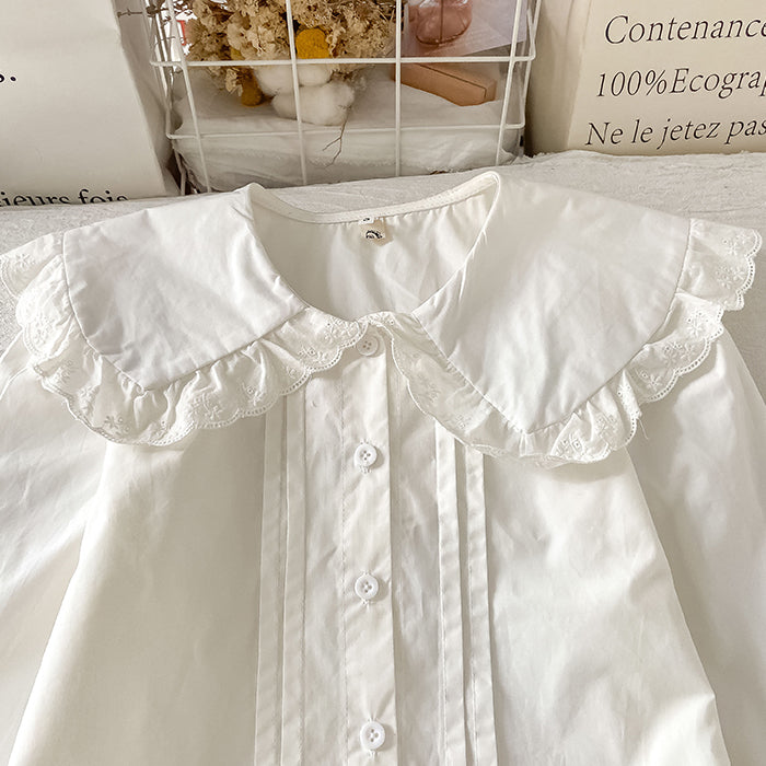 Pleated Peter Pan Collar Button Up Shirt (White)