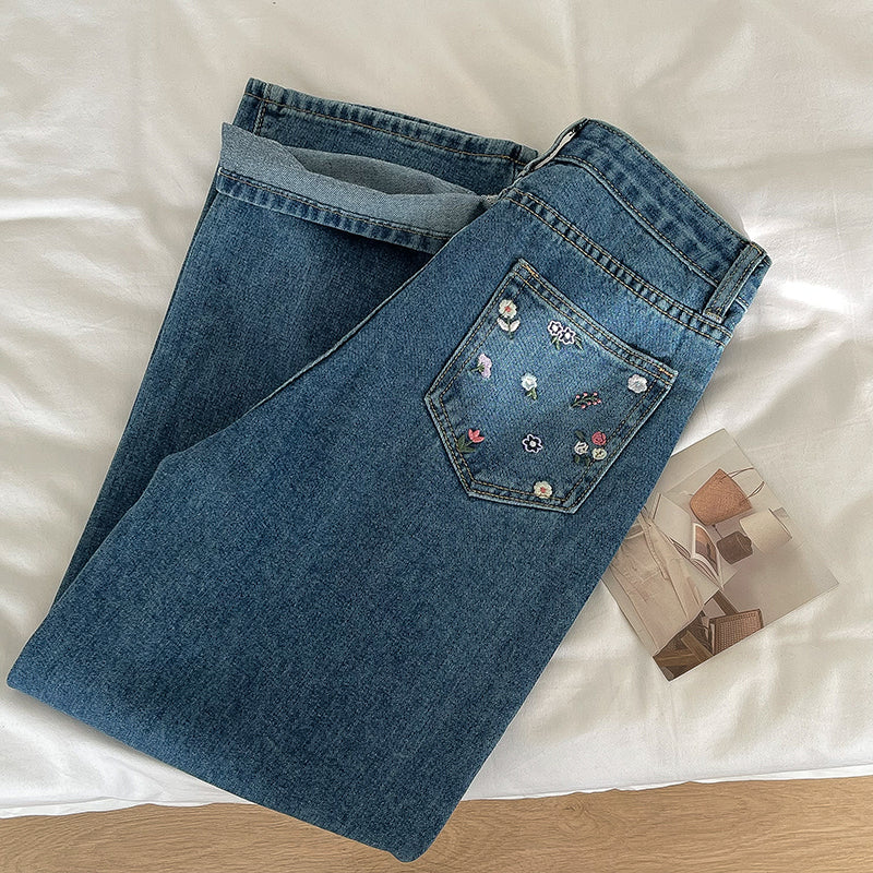 Flower Pocket Embroidered Jeans (Medium Denim)