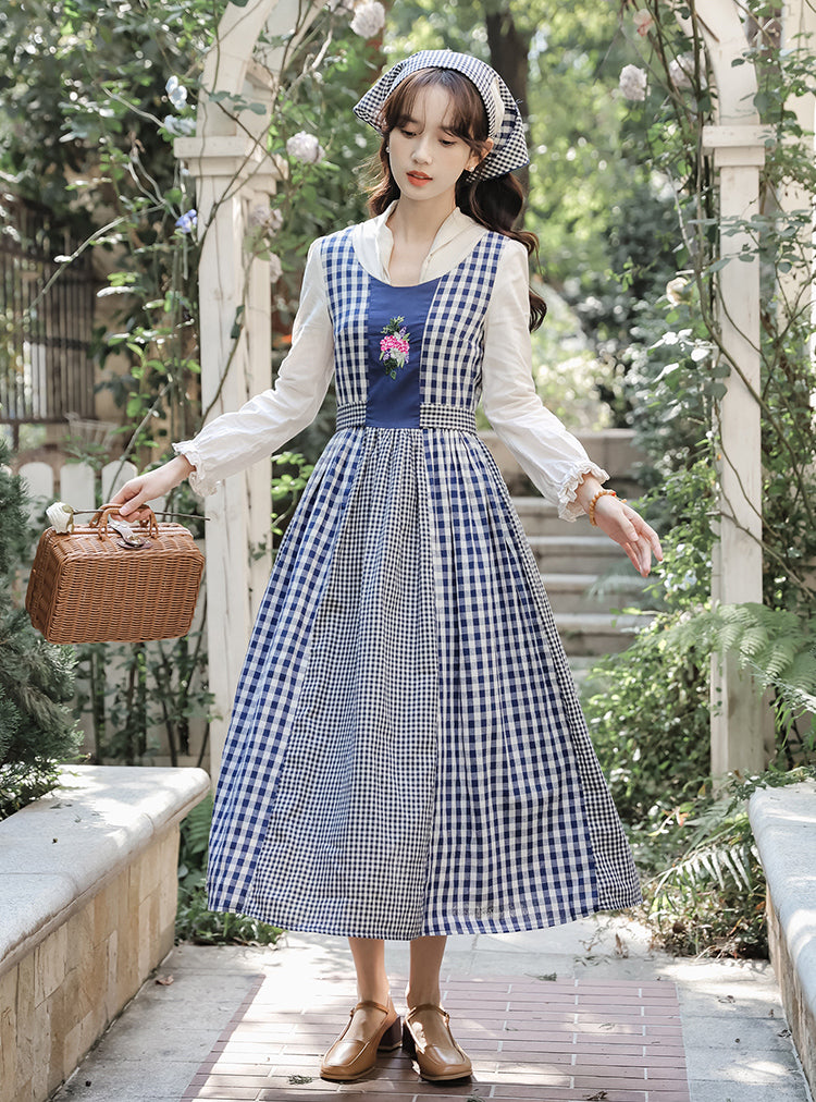 Gingham Pastures Twofer Midi Dress (Blue/White)