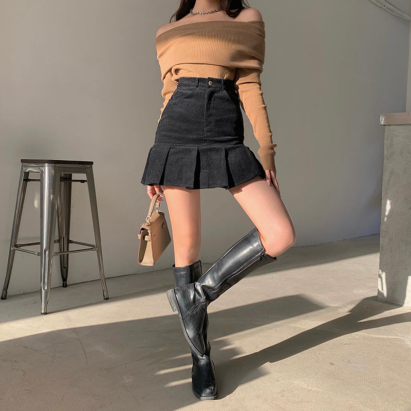 Corduroy Mermaid Pleated Skirt (2 Colors)