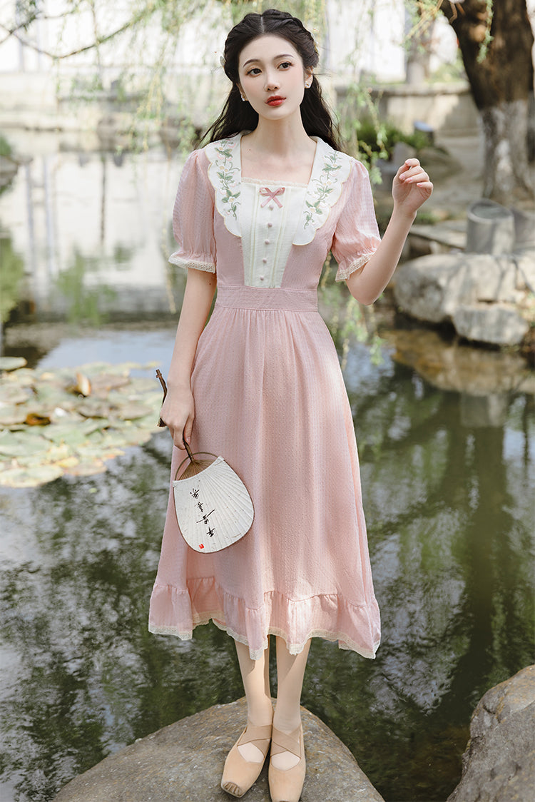 Sweet Floral Embroidered Midi Dress (Pink)