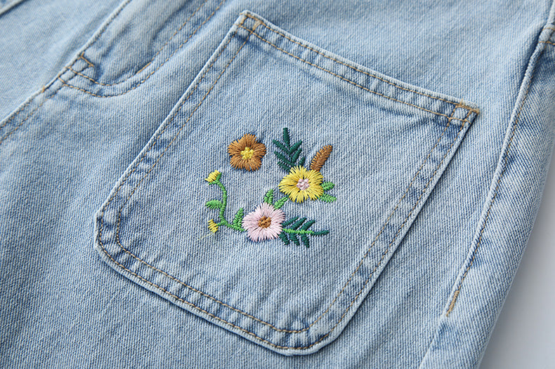 Flower Crown Embroidered Shorts (Light Denim)