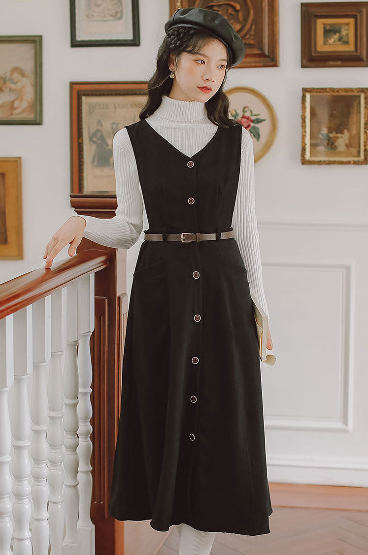 Button Up Suede Pinafore Dress (4 Colors)