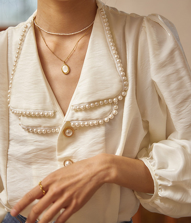 Pearl Collar Satin Blouse (White)