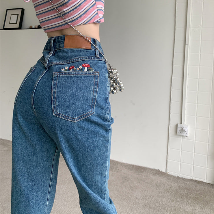 Mushroom Embroidered Mom Jeans (2 Colors)