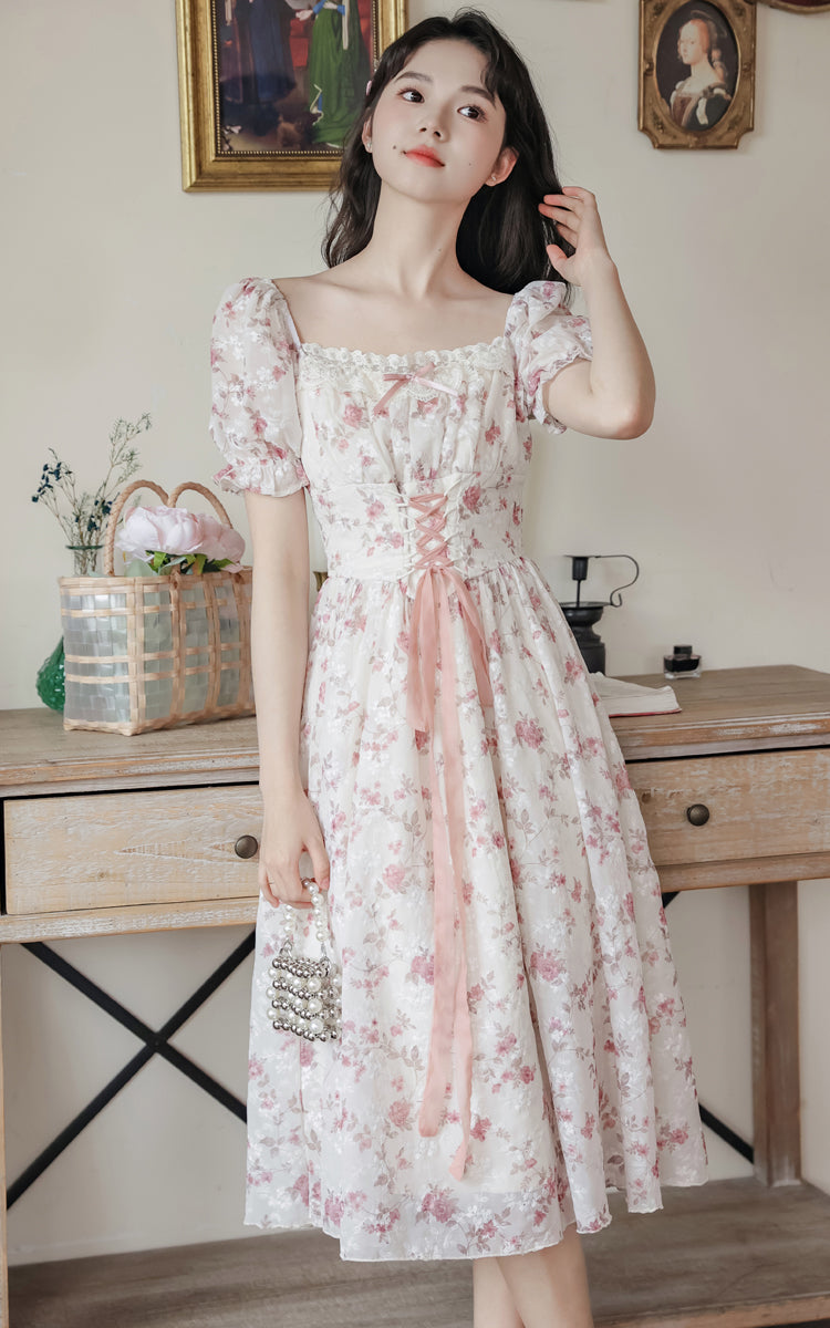 Cherry Blossom Lace Up Dress (White/Pink)