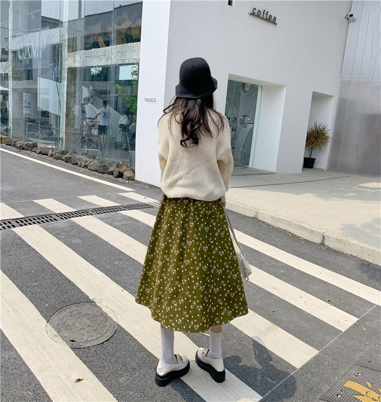 Raining Flowers Corduroy Midi Skirt (3 Colors)