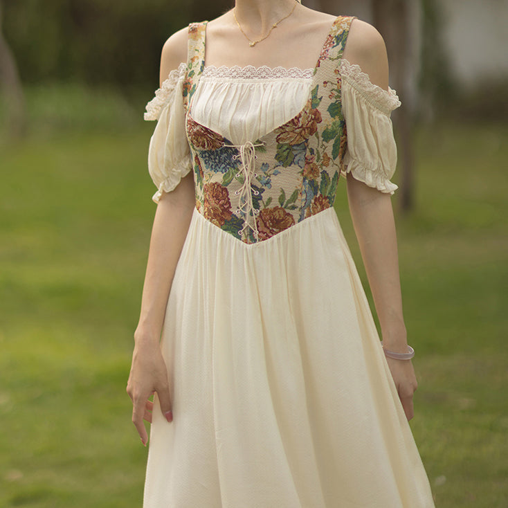 Rustic Floral Corset Twofer Dress (Cream)