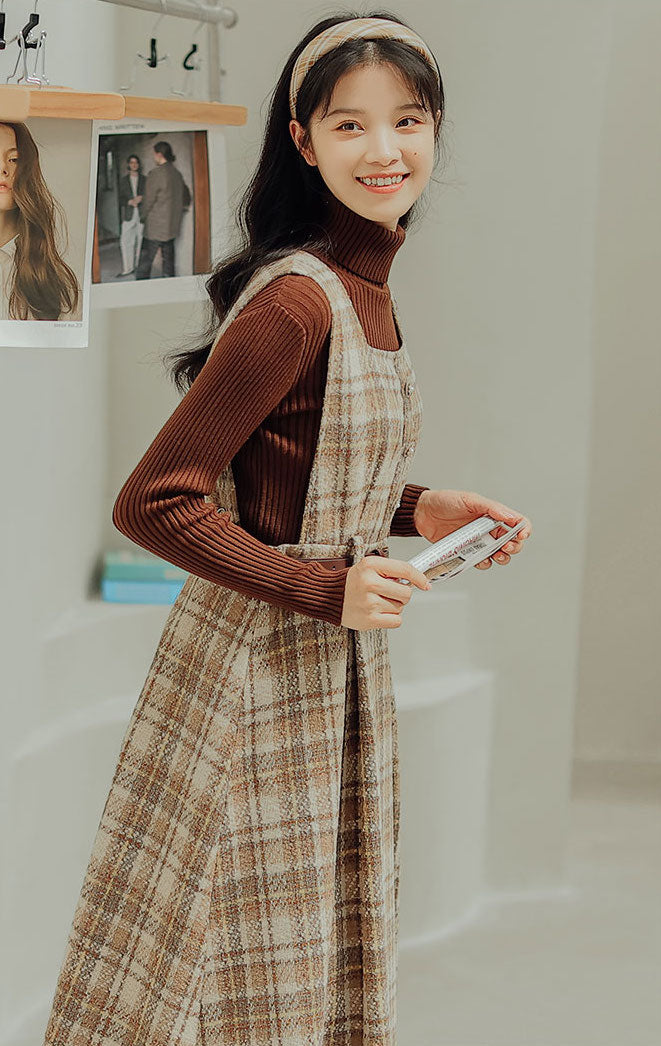 Latte Plaid Pinafore Dress (Khaki)