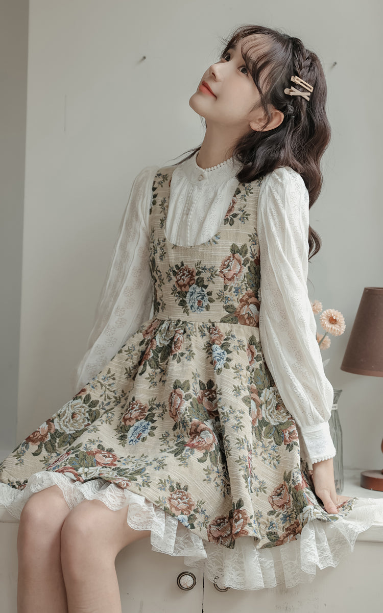 Rustic Rose Babydoll Dress (Beige)