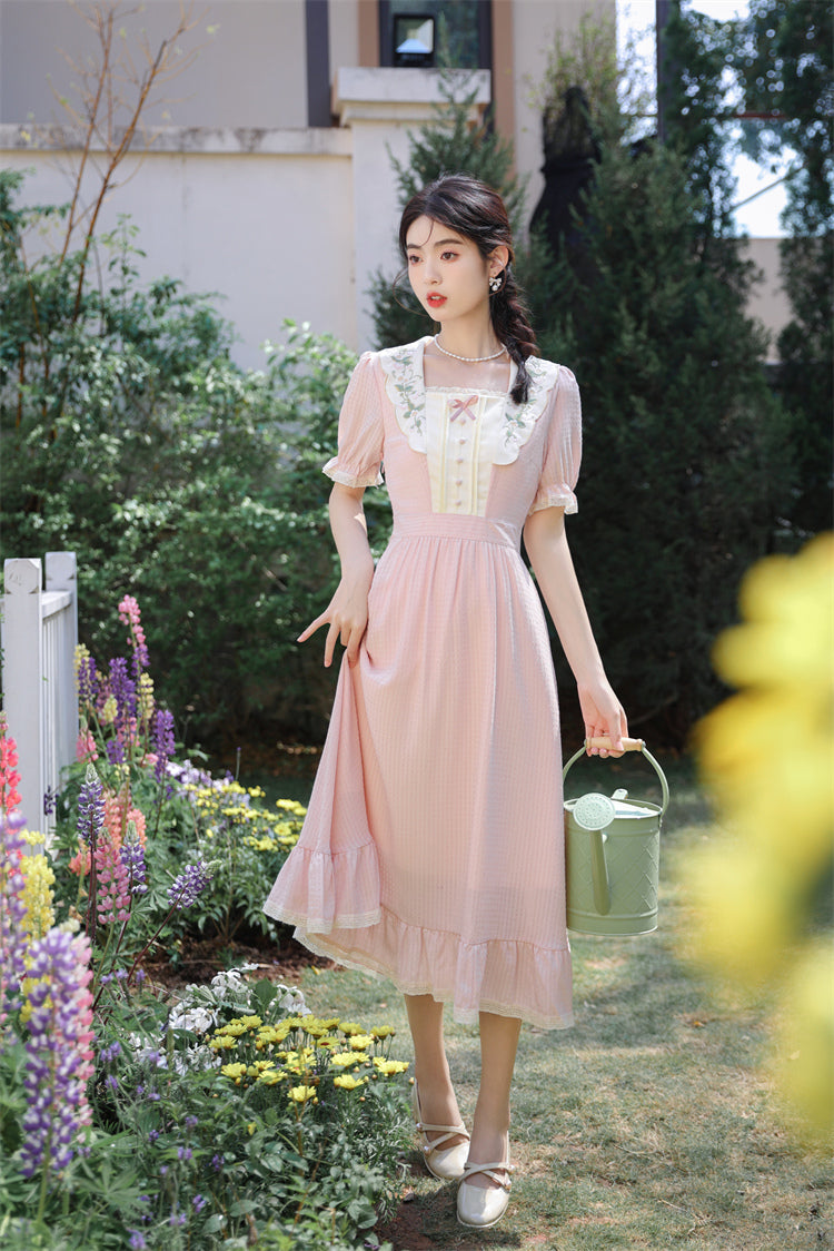 Sweet Floral Embroidered Midi Dress (Pink) Short Sleeve / M Sweet Floral Embroidered Midi Dress (Pink) Short Sleeve / M