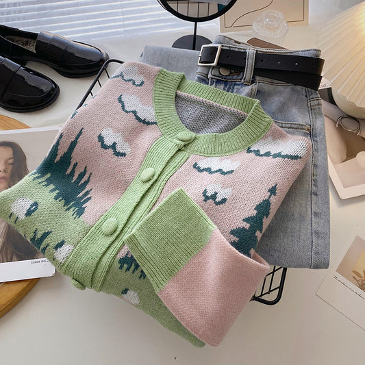 Country Sheep Cardigan (Pink/Green)