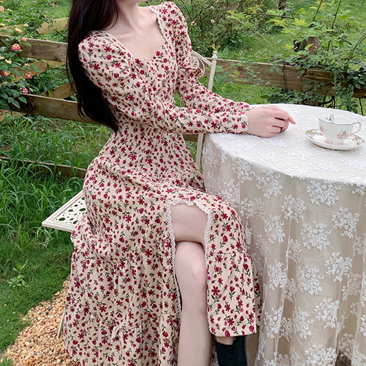 Sweet Floral Corduroy Midi Dress (Cream/Pink)