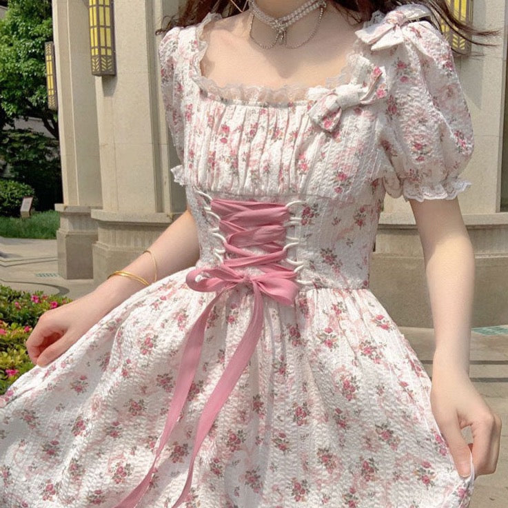 Spring Fling Lace Up Floral Dress (White/Pink)