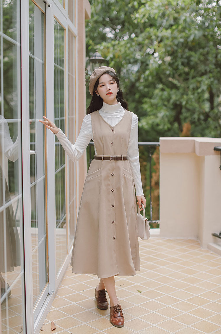 Button Up Suede Pinafore Dress (4 Colors)