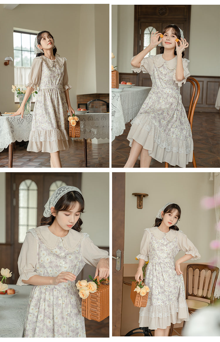 Daisy Maiden Midi Dress (Beige/Lilac)