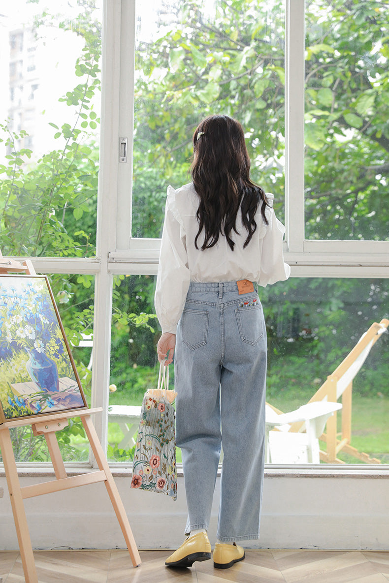 Mushroom Embroidered Mom Jeans (2 Colors)