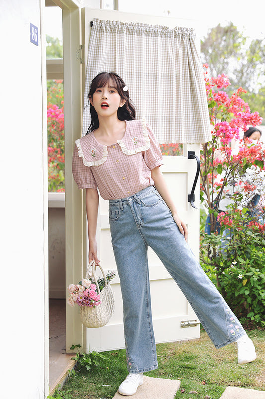 Cottage Flower Plaid Blouse (Pink)