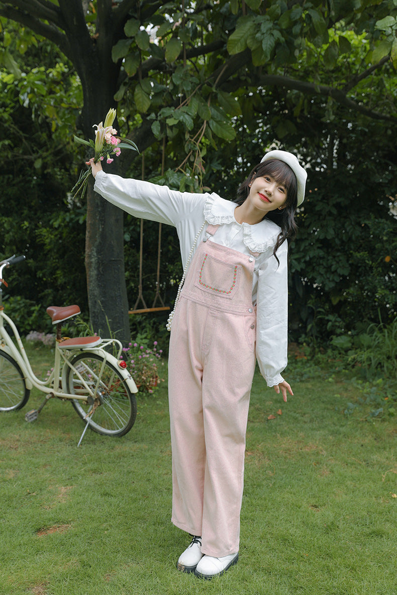 Daisy Chain Embroidered Denim Overalls (Pink)