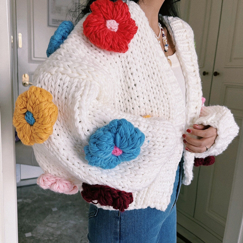 Chunky Daisy Cropped Cardigan (White/Multi)