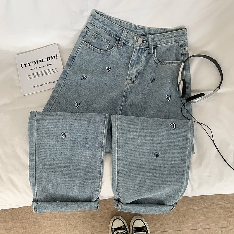 Doodle Hearts Embroidered Jeans (Light Denim)