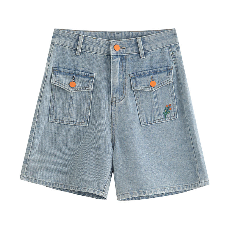 Embroidered Button Pocket Shorts (Light Denim)