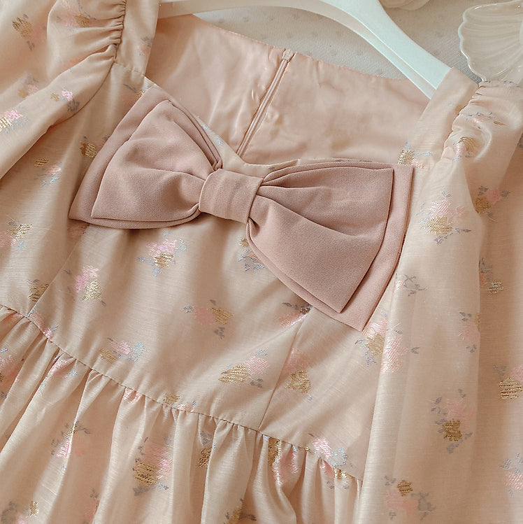 Puff Sleeve Bow Floral Jacquard Dress (Beige)
