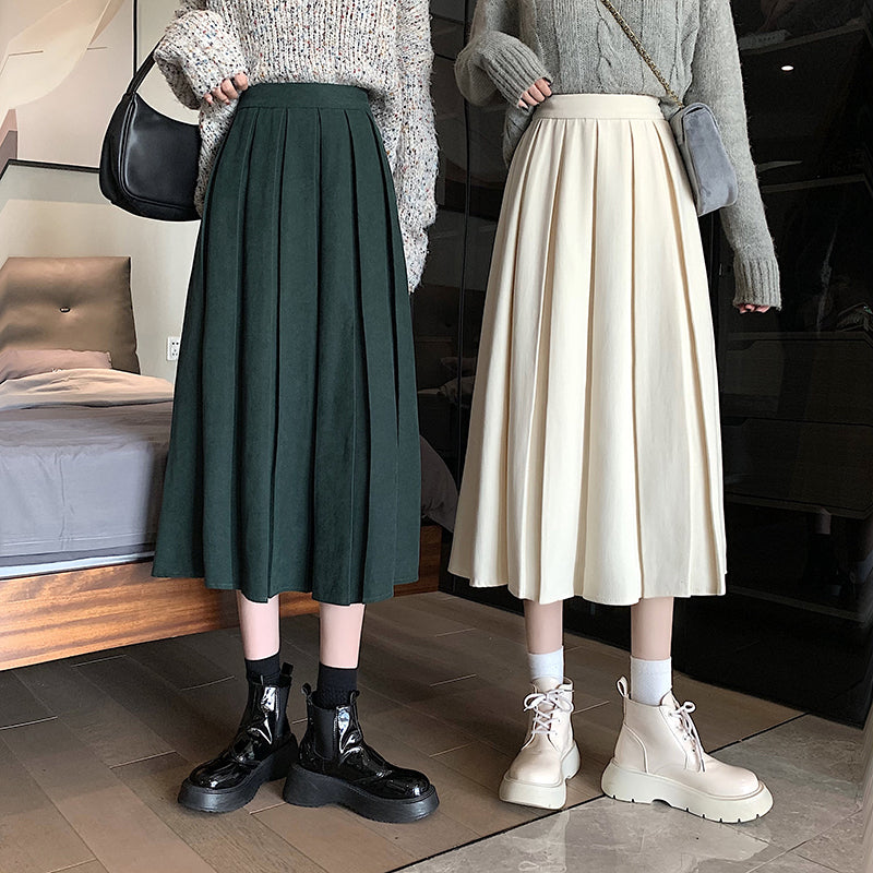 Corduroy Suede Pleated Midi Skirt (6 Colors)